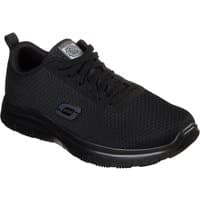 Black Skechers workwear shoe with mesh upper, lace-up design, and slip-resistant sole, size 12.