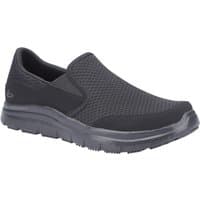 Black Skechers slip-on work shoe with mesh upper, cushioned sole, and reinforced heel, size 8.