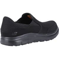 Black Skechers slip-on work shoe with mesh upper, padded collar, and slip-resistant sole, size 9.