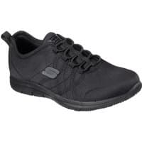 Black Skechers workwear shoe with lace-up front, mesh fabric, and slip-resistant sole, size 4.