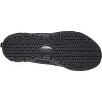 Black Skechers Ghenter Srelt shoes with slip-resistant rubber sole and herringbone tread pattern, size 5.