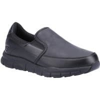 Black Skechers slip-on work shoe with padded collar, smooth leather upper, and slip-resistant rubber sole.