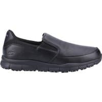 Black Skechers Nampa Groton slip-on work shoes with cushioned sole and smooth leather upper, size 10.