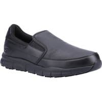 Black Skechers Nampa Groton slip-on work shoes with cushioned soles and elastic side panels, size 9.