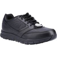 Black Skechers Nampa occupational shoes, lace-up design with cushioned sole and embossed logo on the side.