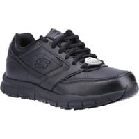 Black Skechers workwear shoes with lace-up design, padded collar, and slip-resistant sole, size 5.