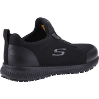 Black Skechers work shoe with slip-resistant sole, elastic gusset, and logo on side, size 11, style 32310-55345-11.
