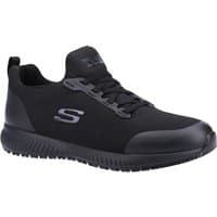Black Skechers workwear shoe, lace-up design, slip-resistant sole, with "S" logo on side and padded collar.