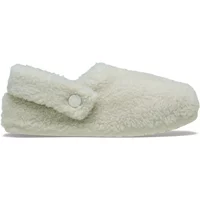 Cream-colored Crocs Classic Cozzzy slippers with plush fuzzy exterior and adjustable strap.
