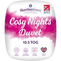 Slumberdown Double Cosy Nights Duvet 10.5 Tog, white with pink text and British flag, packaged in a compact bag.