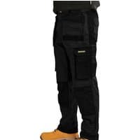 Black Stanley Omaha mens slim fit work trousers with multiple pockets and holster design, paired with tan boots.