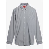 Long sleeve Oxford shirt with needle ticking stripe, button-down collar, and embroidered logo on chest.