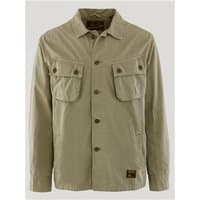 Light khaki green military overshirt jacket with button front, two chest pockets, and Superdry&Co patch on hem.