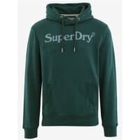 Dark pine green Superdry hoodie with front logo, drawstring hood, and kangaroo pocket.