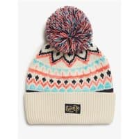 Patterned knitted beanie hat in ecru with multicolored pom-pom, geometric design, and Superdry&Co logo patch.