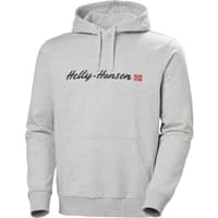 Gray Helly Hansen Core Graphic sweatshirt with hood, black logo text, and small red emblem on chest.