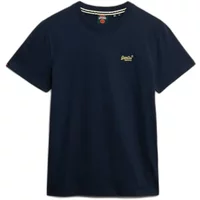 Navy blue Superdry Essential Logo T-shirt with small yellow logo on chest, crew neck, and short sleeves.