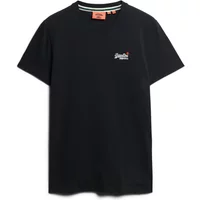 Black Superdry T-shirt with small white embroidered logo on chest, round neck, and short sleeves.