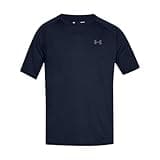 Black Under Armour men's Tech 2.0 short sleeve sports t-shirt with logo on chest, lightweight and breathable fabric.