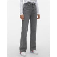 Medium grey denim wide-leg jeans with high-rise waist, button closure, and front pockets.