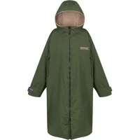 Waterproof changing poncho by Regatta, olive green with hood, full zip front, and adjustable cuffs.