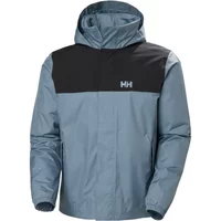 Blue and black waterproof Helly Hansen Vancouver jacket with hood and HH logo on chest.
