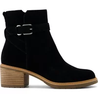 Black suede women's boots Toms Hailey Buckle with side buckle and stacked wooden heel.