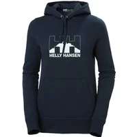Navy blue women's hoodie with Helly Hansen Nord graphic logo on chest, drawstring hood, and long sleeves.
