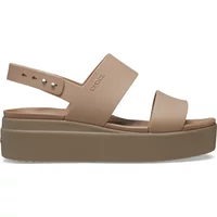 Beige Crocs Brooklyn Low Wedge sandals with adjustable ankle strap and platform sole.