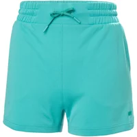 Teal women's shorts by Helly Hansen with elastic waistband, drawstring, and side pockets.