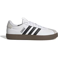 White Adidas VL Court 3.0 Low women's sneakers with black stripes and brown sole.