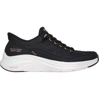 Black Skechers Contour Foam trainers with white sole, rose gold eyelets, and subtle branding on the side.