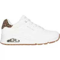 White Skechers Uno Jungle Nite trainers with leopard print heel and air-cushioned sole.