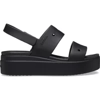 Black women's wedge sandals Crocs Brooklyn 4U with two wide straps and adjustable ankle strap.