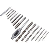 15 Piece Drill & Tap Set with various sizes of silver drill bits and taps, includes a T-handle tap wrench.