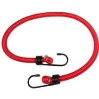 Red bungee cord with black hooks, 1/2" thick, 24" long, part of a 6-piece set by Machine Mart.