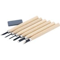 6-piece Draper miniature carving set with wooden handles and a small sharpening stone.