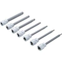 7 Piece 3/8" Drive Extra Long Ball Hex Bit Socket Set with silver shafts and chrome-plated sockets.