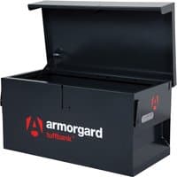 Black Armorgard TB1 Tuffbank van box with red logo, hinged lid, and secure lock mechanism.