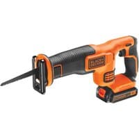 Orange and black Black + Decker 18V cordless reciprocating saw with ergonomic grip and 1.5Ah battery attached.
