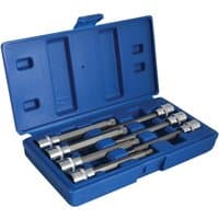 Blue plastic case with seven silver extra long spline socket bits, 3/8in drive, neatly arranged inside.