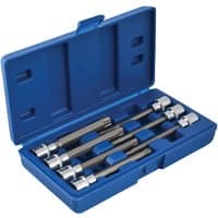 Blue plastic case with seven silver extra long Torx socket bits, 3/8in drive, by Bluespot Tools.