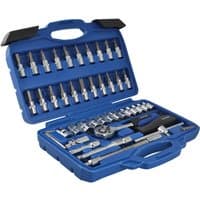 Blue plastic case with 46-piece socket and bit set, including ratchet, screwdriver handle, and various sockets.