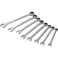 Silver Bluespot Tools 8 piece ratchet spanner set with open and ratchet ends, varying sizes arranged in a row.