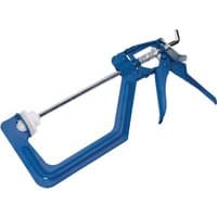Blue one-handed ratchet clamp with a 150mm jaw, ergonomic handle, and metal bar by Bluespot Tools.
