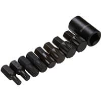 Bluespot Tools 9 Piece Impact Spline Bit Set, black steel, various sizes, hexagonal and cylindrical shapes.