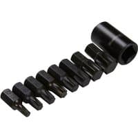 Black Bluespot Tools 9-piece 1/2in impact Torx bit set with varying sizes, hexagonal bases, and durable finish.