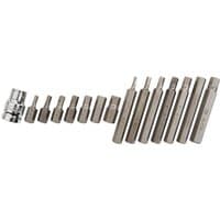 Bluespot Tools 15-piece hex bit set with chrome finish, varying sizes, arranged in a row from smallest to largest.