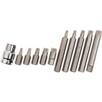 Bluespot Tools 11 Piece Spline Bit Set with chrome finish, varying sizes, includes socket adapter, arranged in a row.