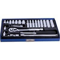 Blue and black Bluespot Tools 1531 socket set with 24 silver metric sockets and ratchet in a compact case.